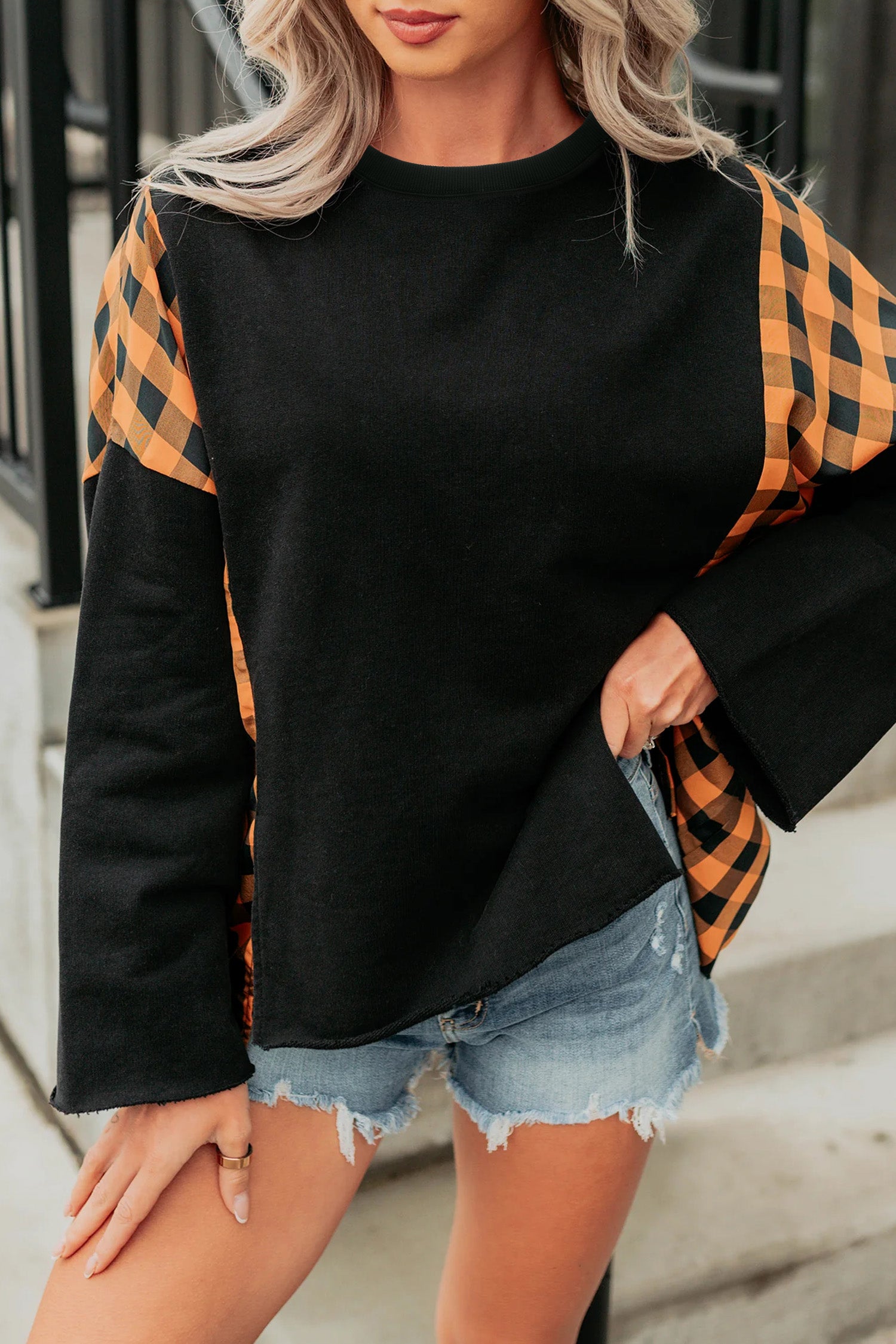 Black Patchwork Plaid Pumpkin Face Long Sleeve Top