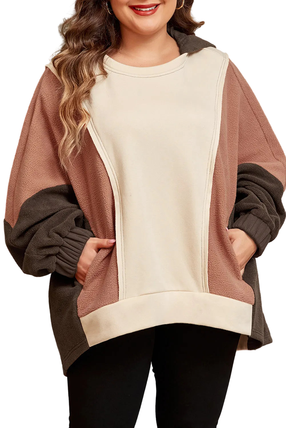Brown Exposed Seam Colorblock Plus Size Hoodie
