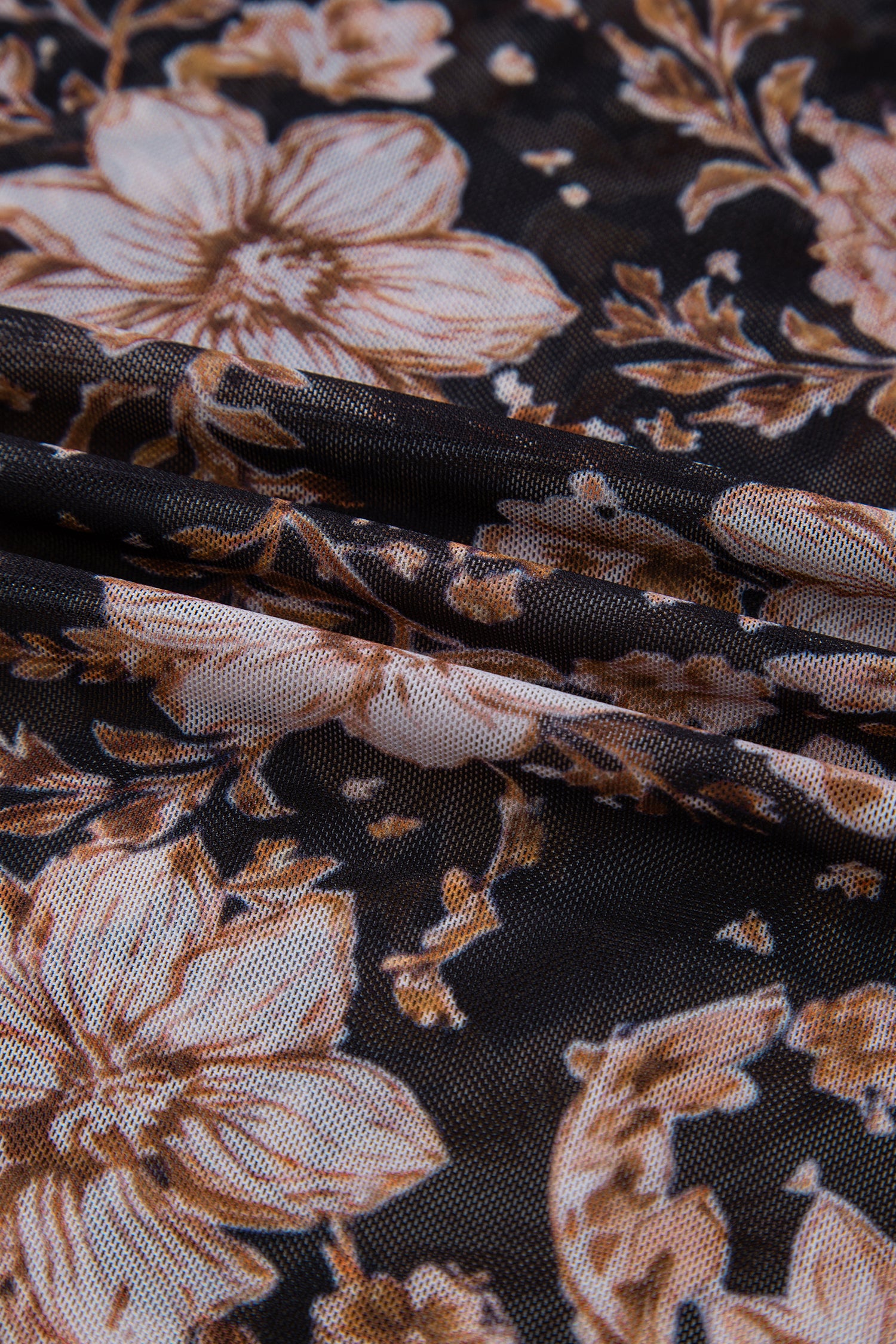 Black Floral Print Mesh Mock Neck Long Sleeve Top