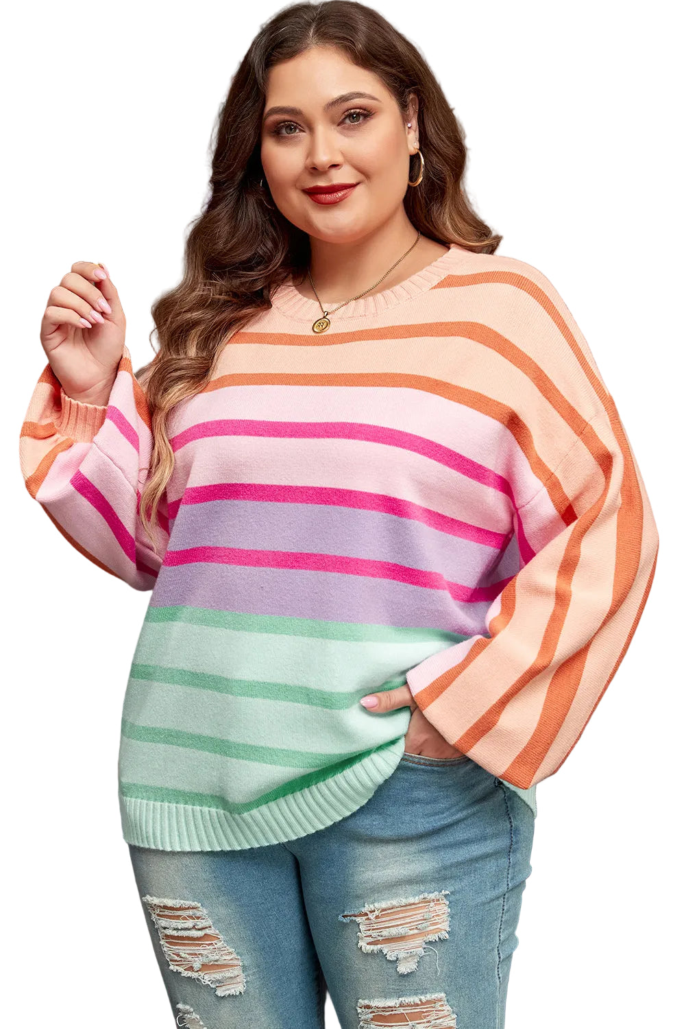 Pink Stripe Color Block Balloon Sleeve Crewneck Plus Size Sweater