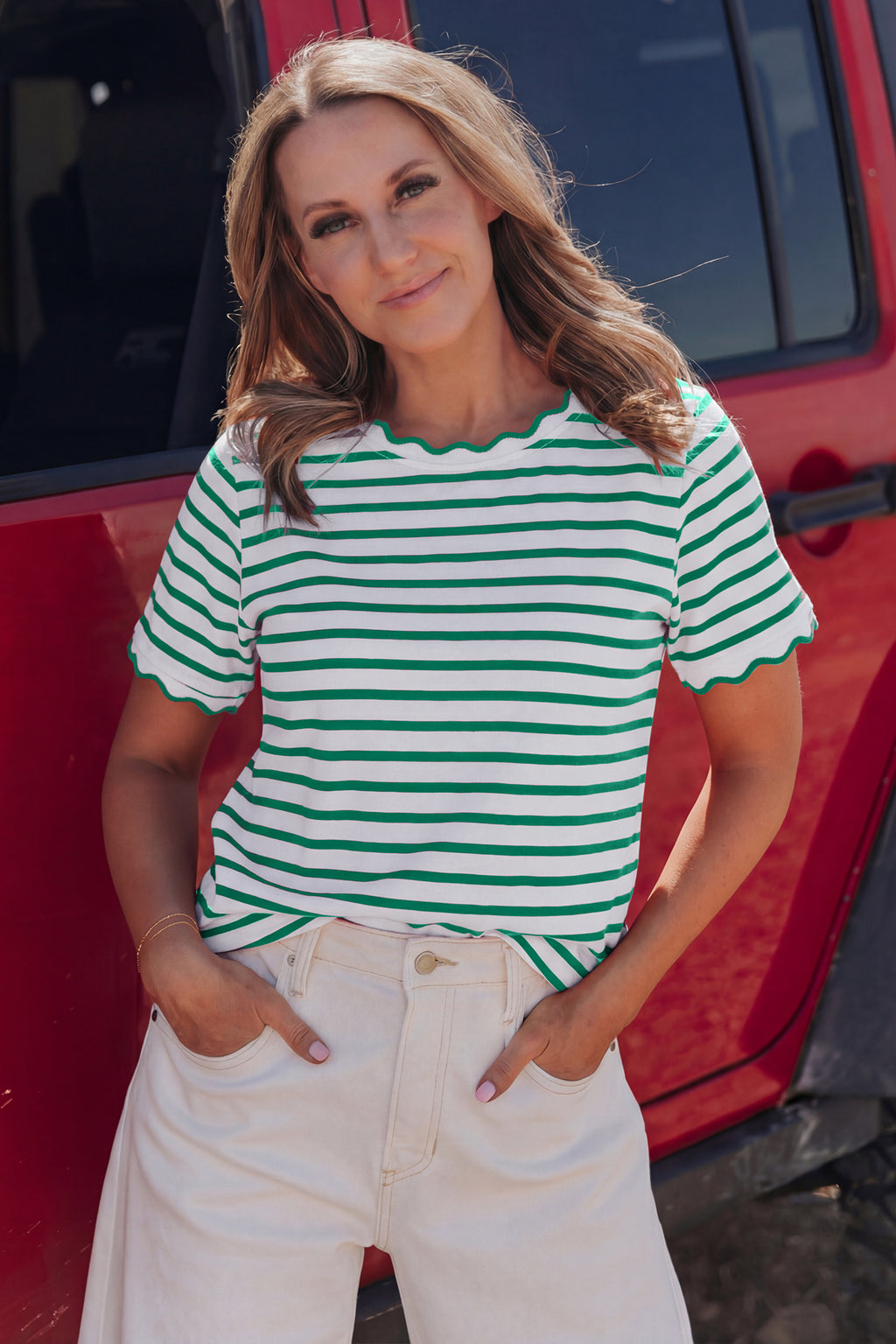 Black Stripe Scalloped Trim Round Neck T Shirt