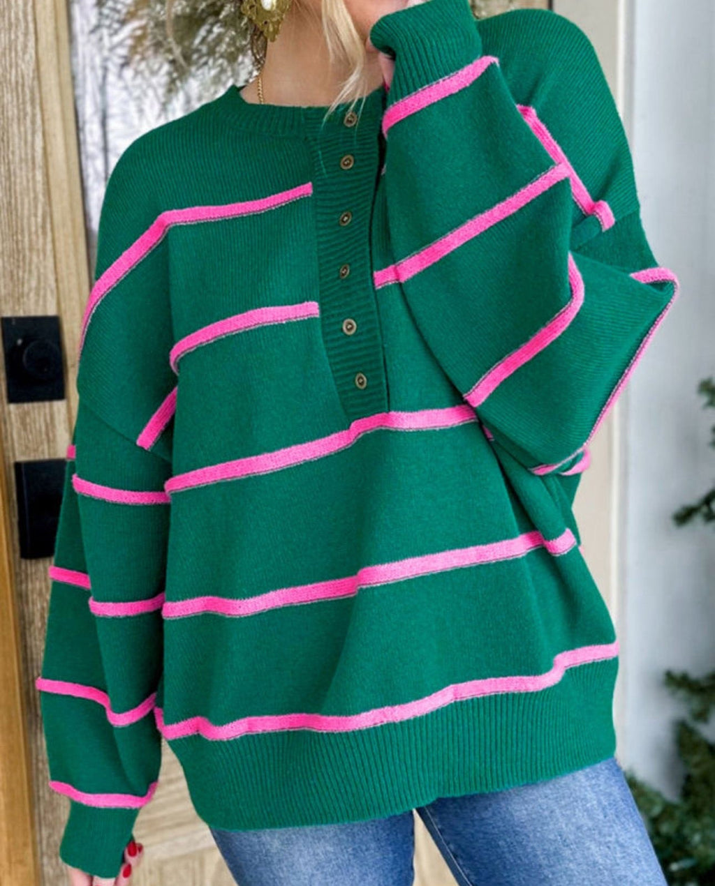 Green Striped Half Button Drop Shoulder Oversized Sweater - Long Sleeve, Cozy Fit, Round Neckline, Versatile Casual Wear