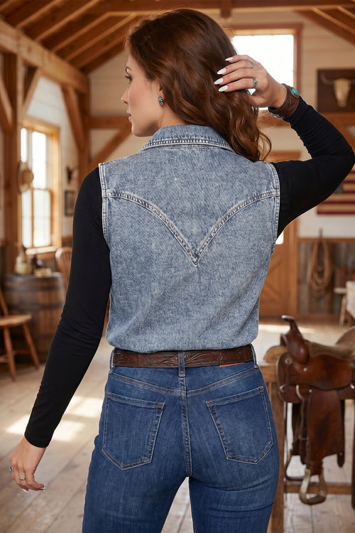 Ashleigh Blue Solid Denim Button Front Pocket Sleeveless Cowboy Vest