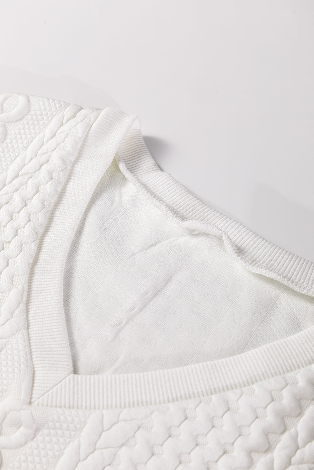 White Solid Color Textured V Neck Drop Shoulder Knit Top