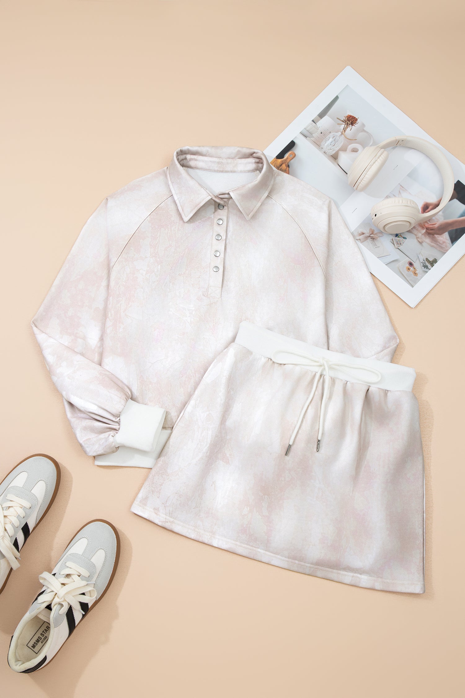 White Abstract Woodland Print Balloon Sleeve Pullover Drawstring Mini Skort Set