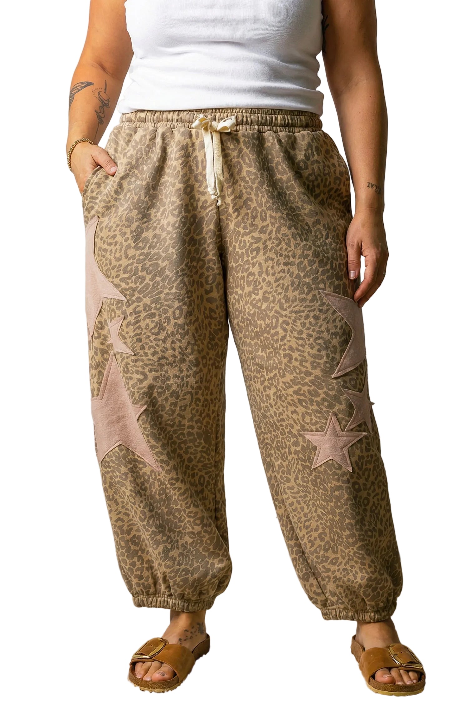 Khaki Plus Size Leopard Print Western Star Patched Jogger Pants
