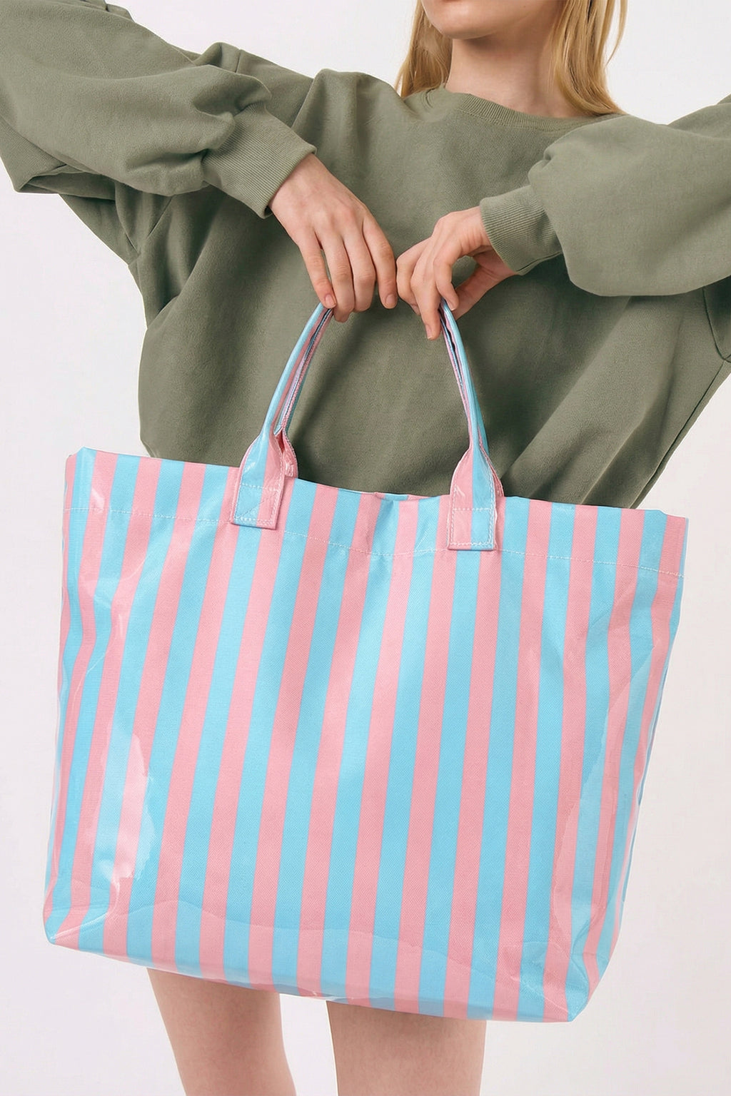 Pink Glossy Striped Vinyl Large Tote Bag