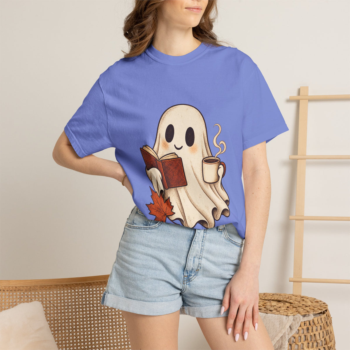 Antrezil Cozy Reading Ghost Illustration T-shirt | Autumn Book Coffee,