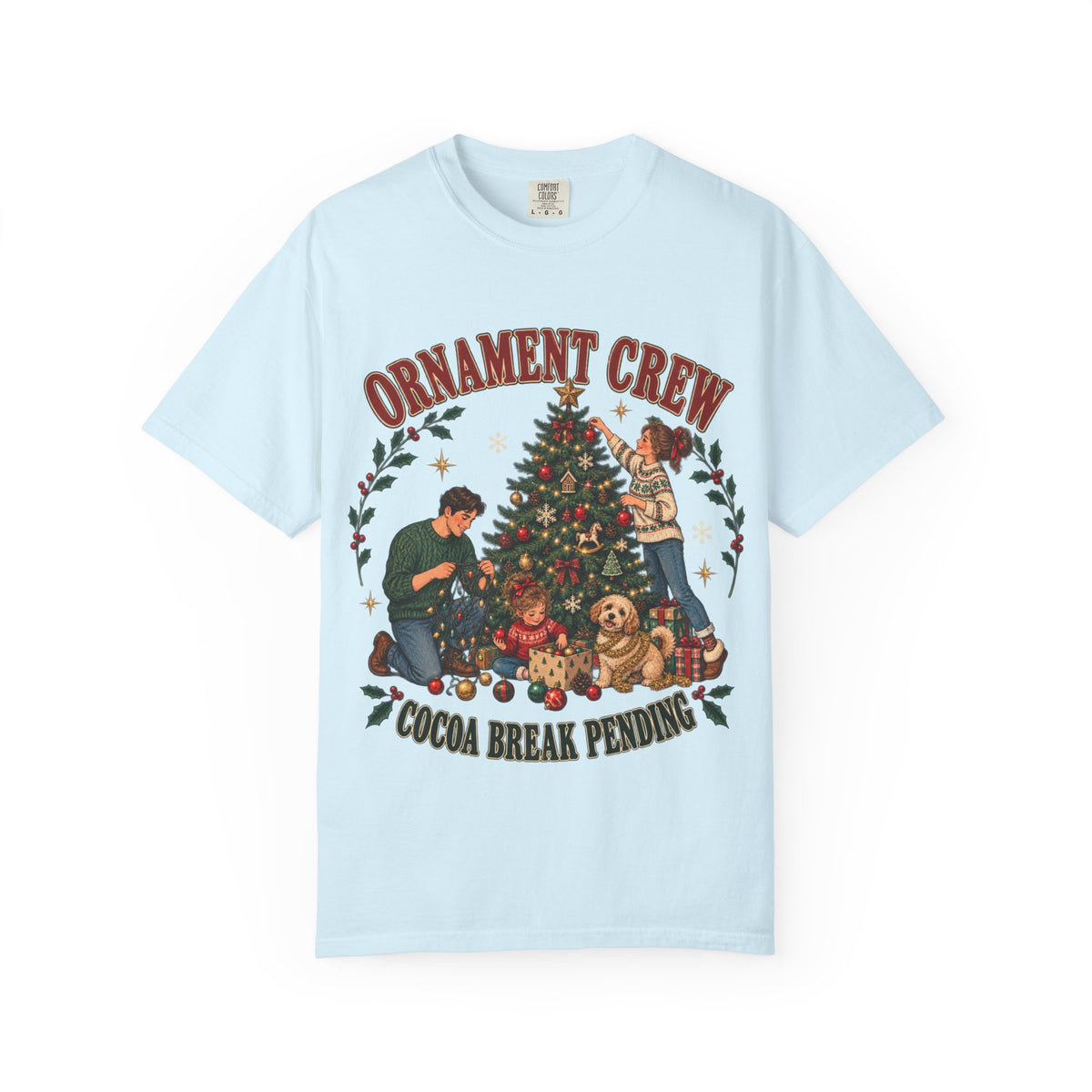 Ornament Crew Christmas Tree scene T-shirt | Cocoa Break Pending, family holiday tee
