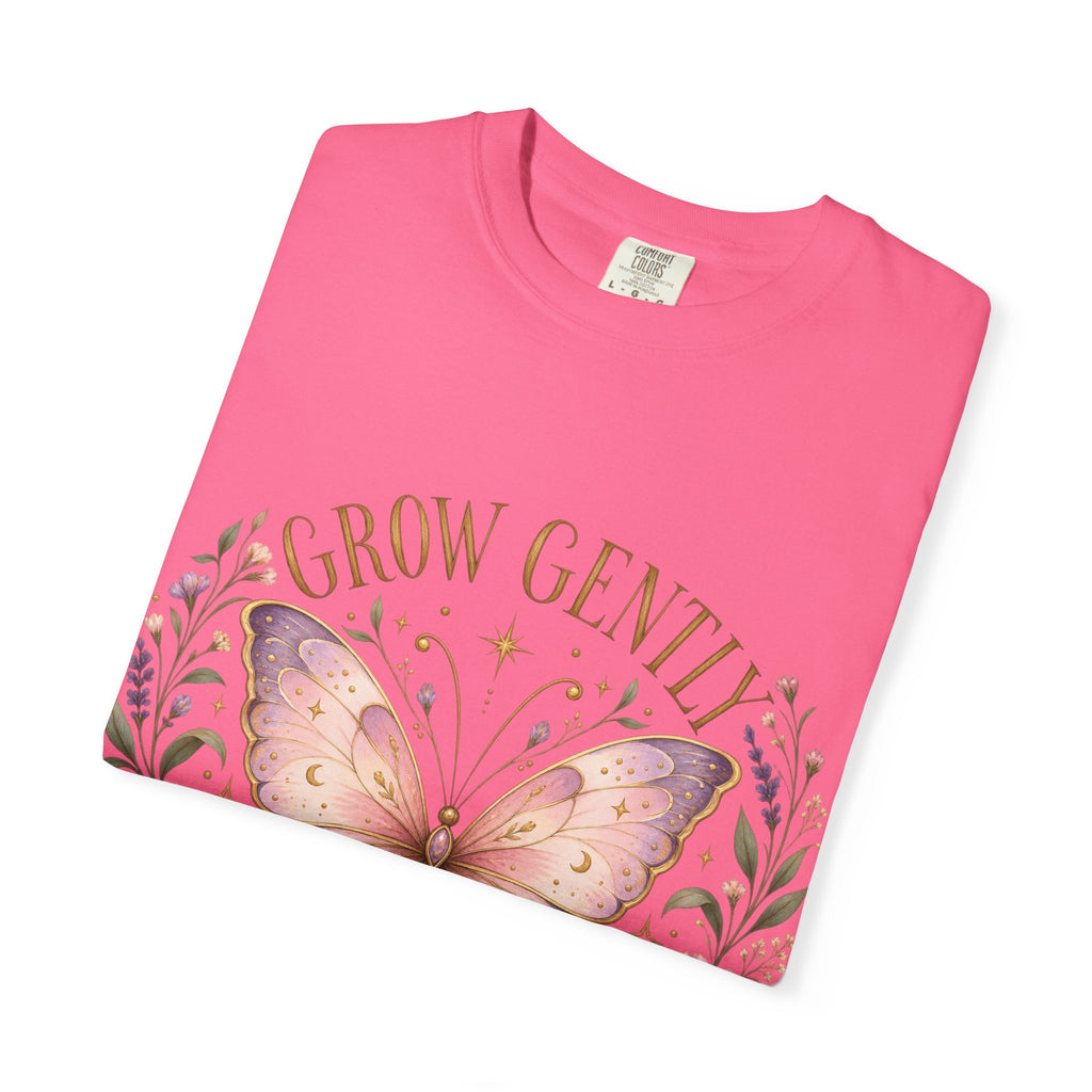 Grow Gently Bloom Brightly Butterfly Floral T-Shirt made-to-order Cotton