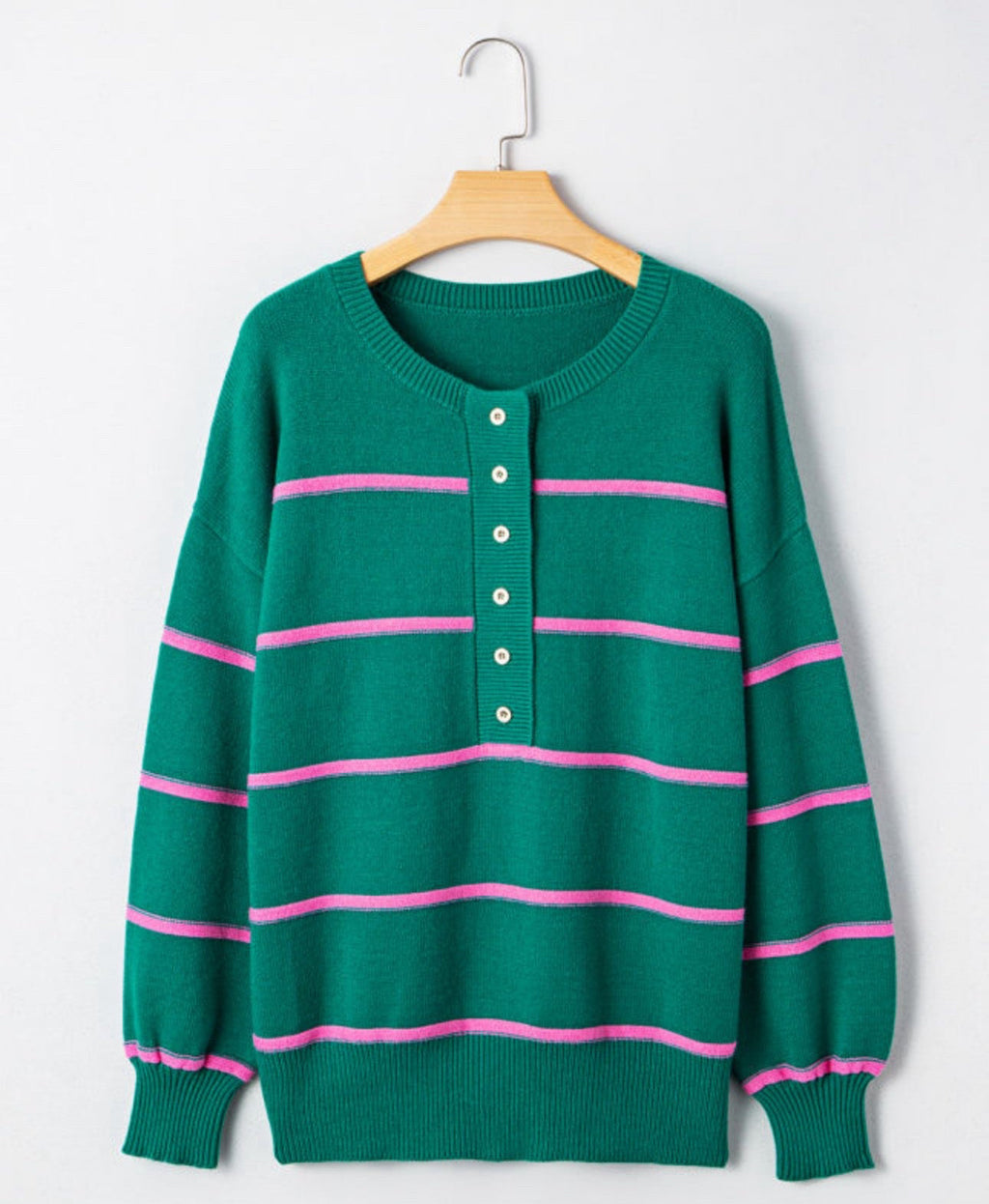 Green Striped Half Button Drop Shoulder Oversized Sweater - Long Sleeve, Cozy Fit, Round Neckline, Versatile Casual Wear