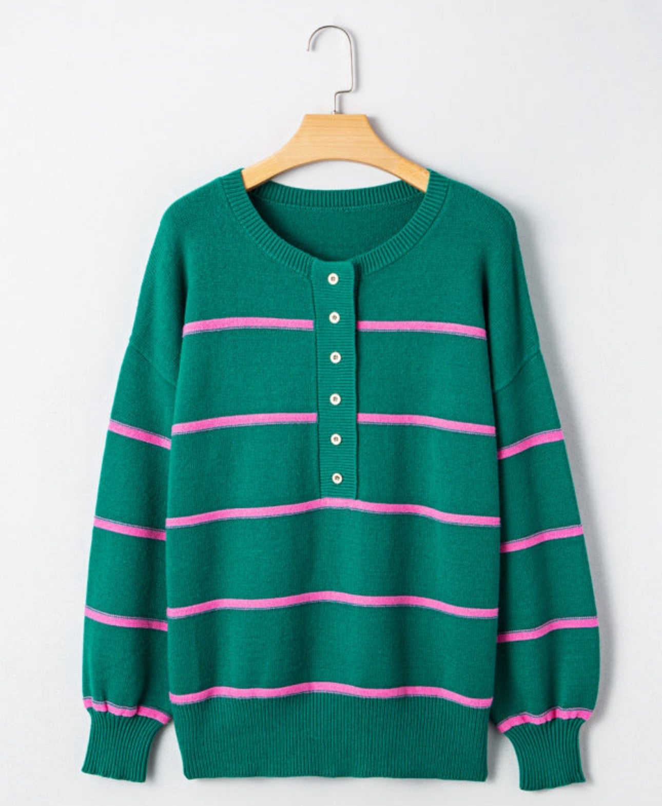 Green Striped Half Button Drop Shoulder Oversized Sweater - Long Sleeve, Cozy Fit, Round Neckline, Versatile Casual Wear