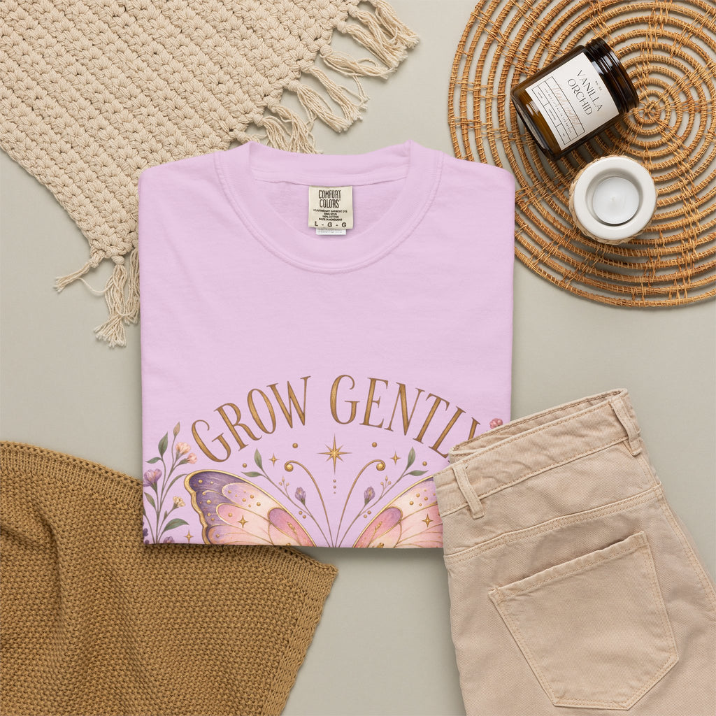 Grow Gently Bloom Brightly Butterfly Floral T-Shirt made-to-order Cotton