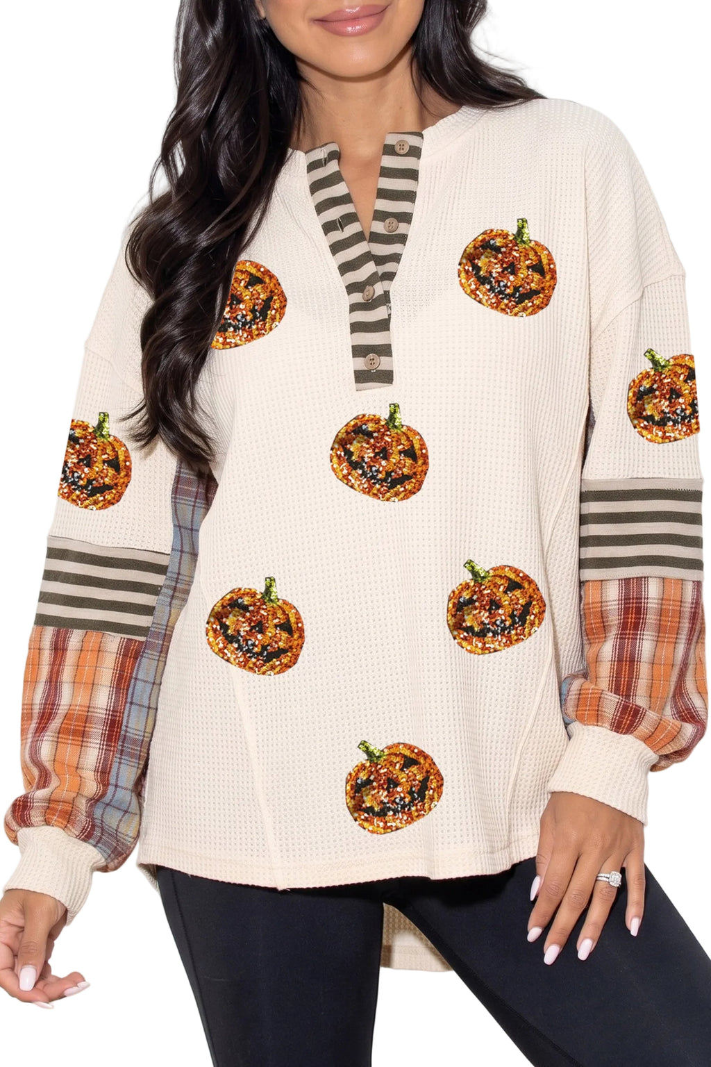 Beige Sequined Pumpkin Face Patched Henley Waffle Top