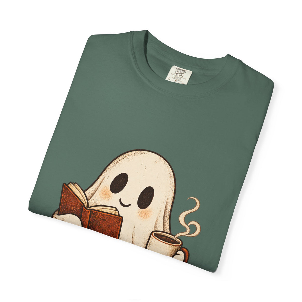 Antrezil Cozy Reading Ghost Illustration T-shirt | Autumn Book Coffee,