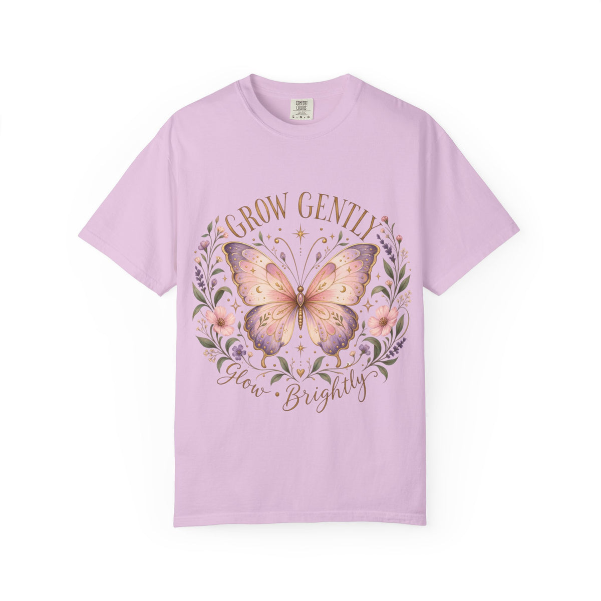 Grow Gently Bloom Brightly Butterfly Floral T-Shirt made-to-order Cotton