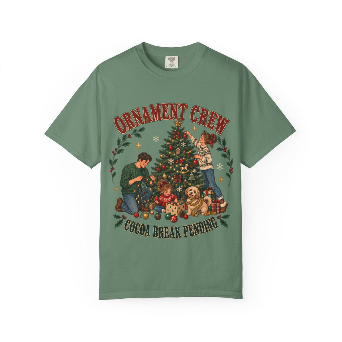 Ornament Crew Christmas Tree scene T-shirt | Cocoa Break Pending, family holiday tee