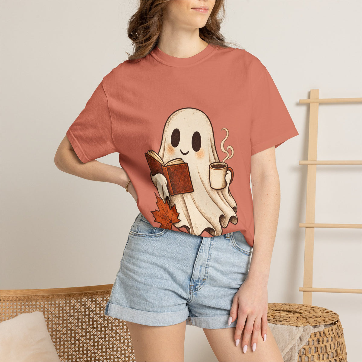 Antrezil Cozy Reading Ghost Illustration T-shirt | Autumn Book Coffee,