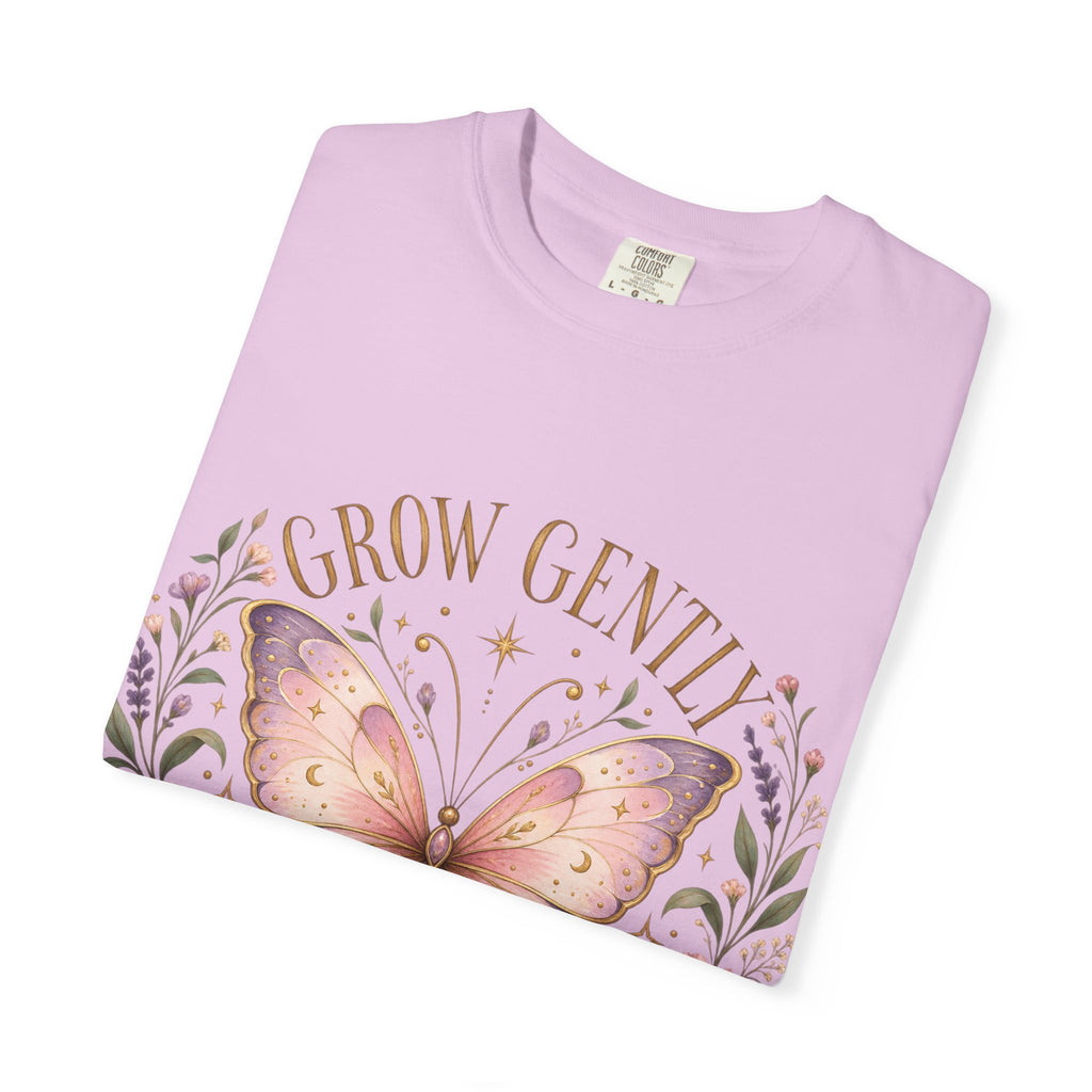 Grow Gently Bloom Brightly Butterfly Floral T-Shirt made-to-order Cotton