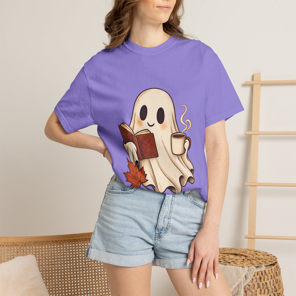 Antrezil Cozy Reading Ghost Illustration T-shirt | Autumn Book Coffee,