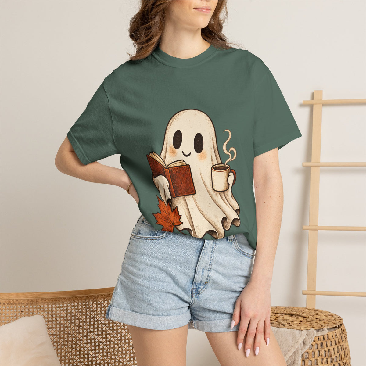 Antrezil Cozy Reading Ghost Illustration T-shirt | Autumn Book Coffee,