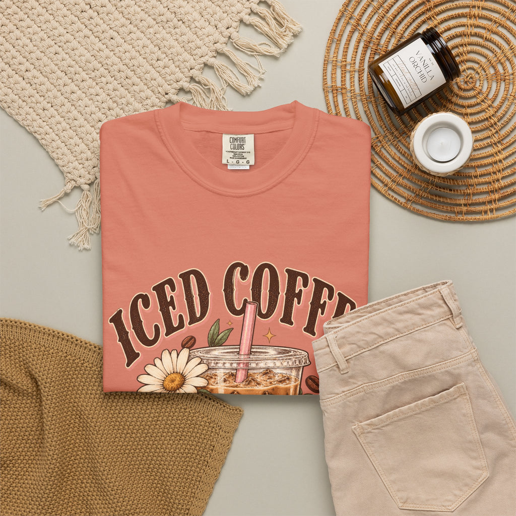 Iced Coffee Glass with Daisies T-shirt | Cute Coffee Illustration