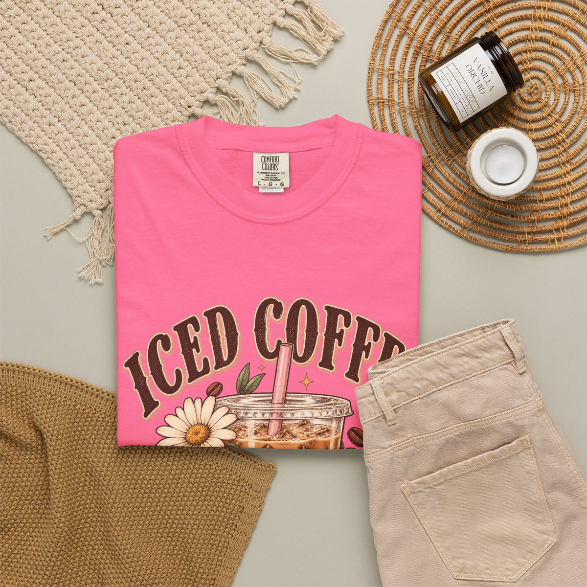 Iced Coffee Glass with Daisies T-shirt | Cute Coffee Illustration