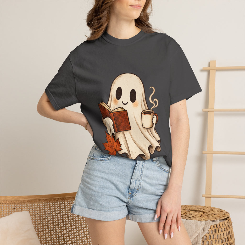 Antrezil Cozy Reading Ghost Illustration T-shirt | Autumn Book Coffee,
