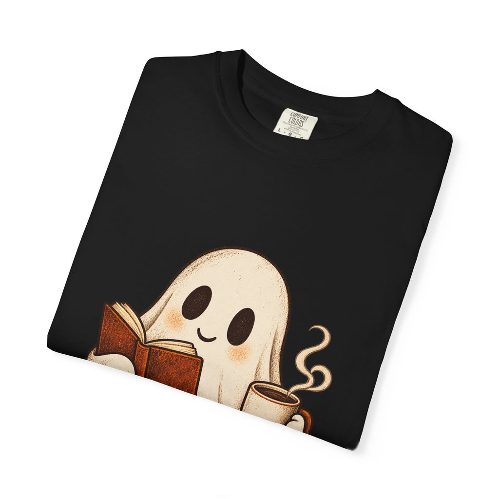 Antrezil Cozy Reading Ghost Illustration T-shirt | Autumn Book Coffee,
