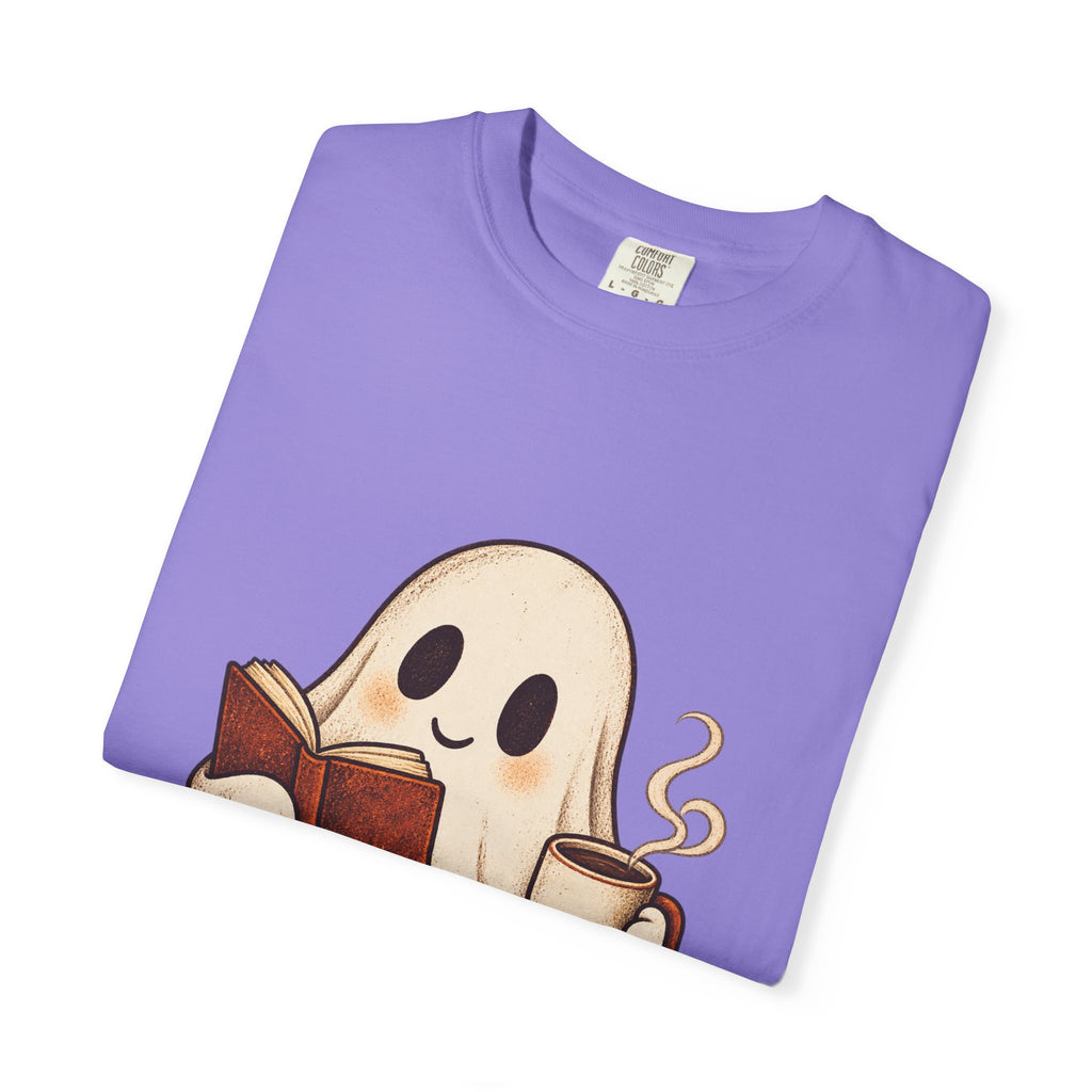 Antrezil Cozy Reading Ghost Illustration T-shirt | Autumn Book Coffee,