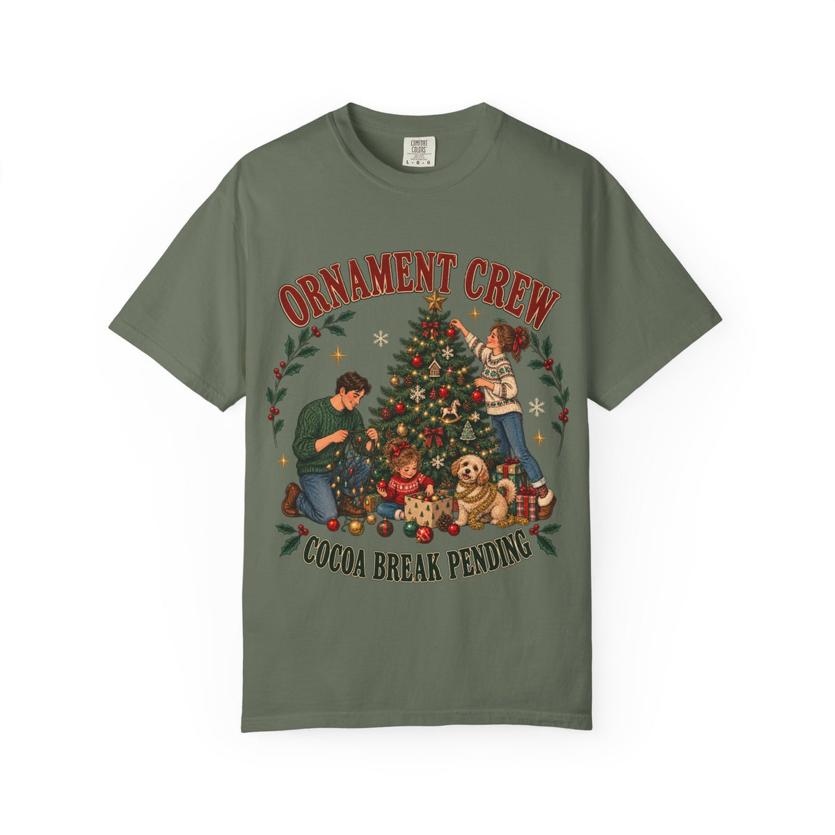 Ornament Crew Christmas Tree scene T-shirt | Cocoa Break Pending, family holiday tee