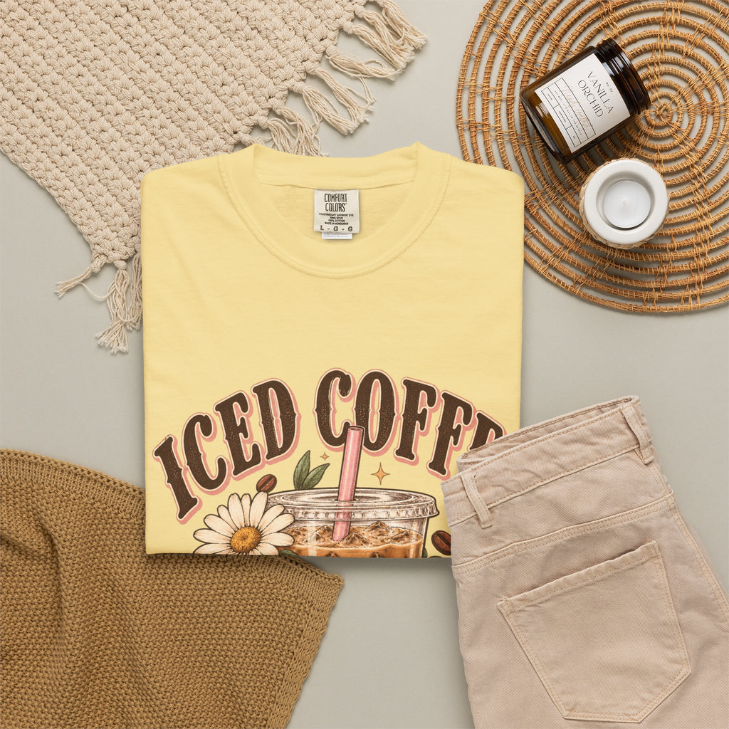 Iced Coffee Glass with Daisies T-shirt | Cute Coffee Illustration