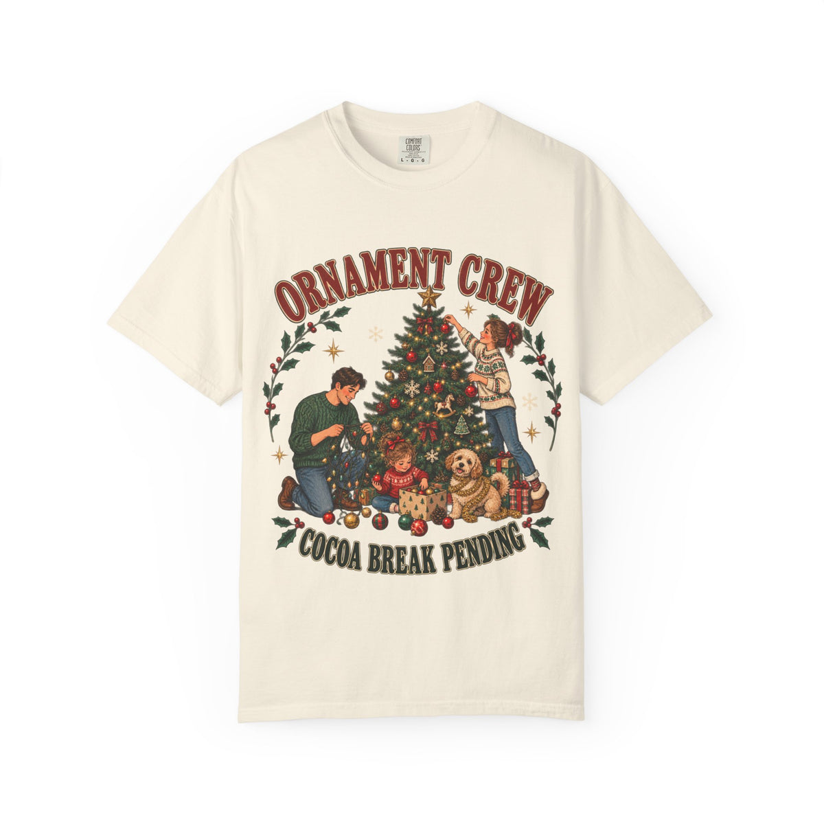 Ornament Crew Christmas Tree scene T-shirt | Cocoa Break Pending, family holiday tee