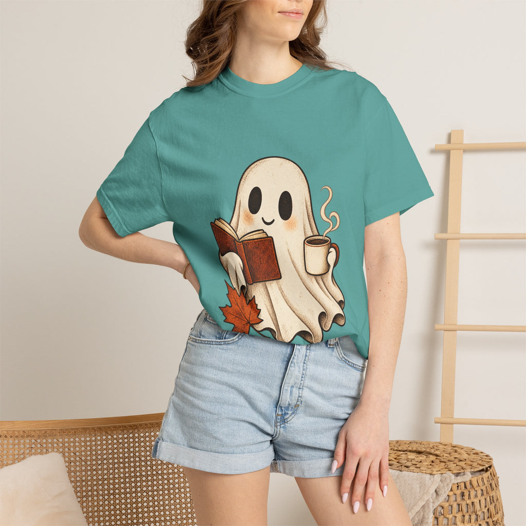 Antrezil Cozy Reading Ghost Illustration T-shirt | Autumn Book Coffee,