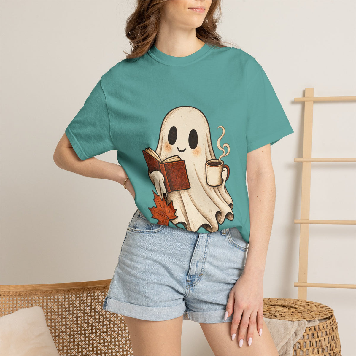 Antrezil Cozy Reading Ghost Illustration T-shirt | Autumn Book Coffee,