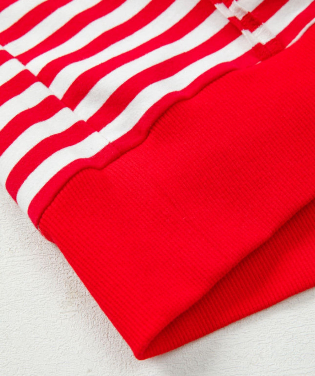 Red Striped Exposed Seam Drop Shoulder Long Sleeve Top Casual Blouses Womenswear