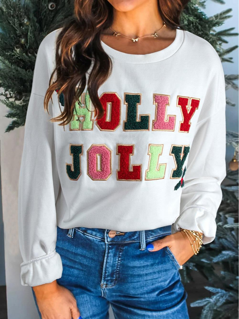 White Cream Collage Letter Christmas Pullover Sweatshirt - Design for Christmas Day Casual Cotton Women's Winter Hoodie Womenswear Garment
