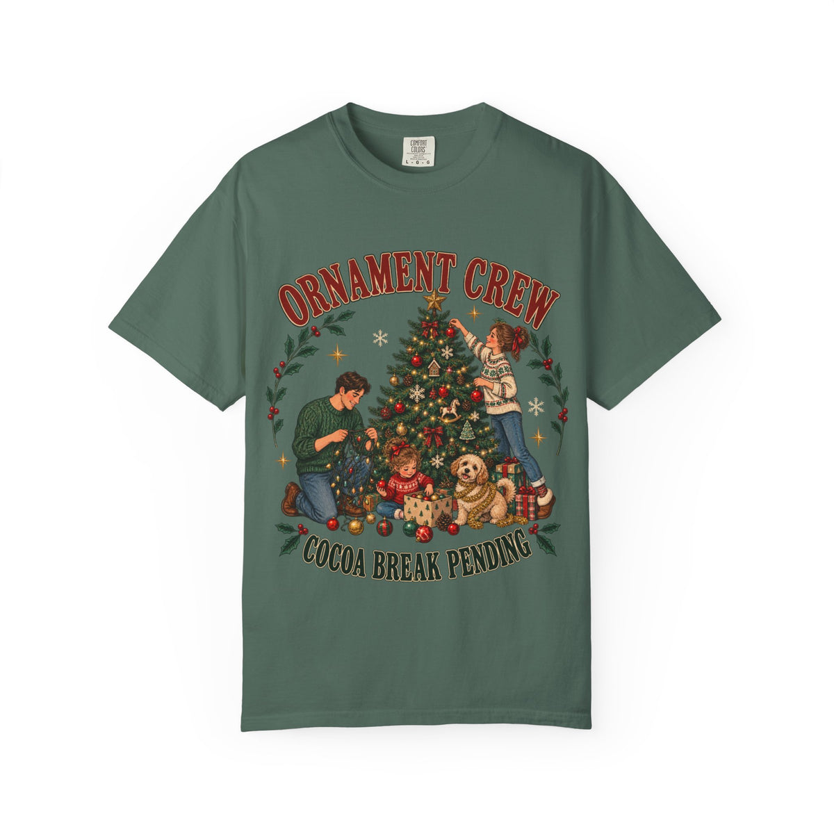 Ornament Crew Christmas Tree scene T-shirt | Cocoa Break Pending, family holiday tee