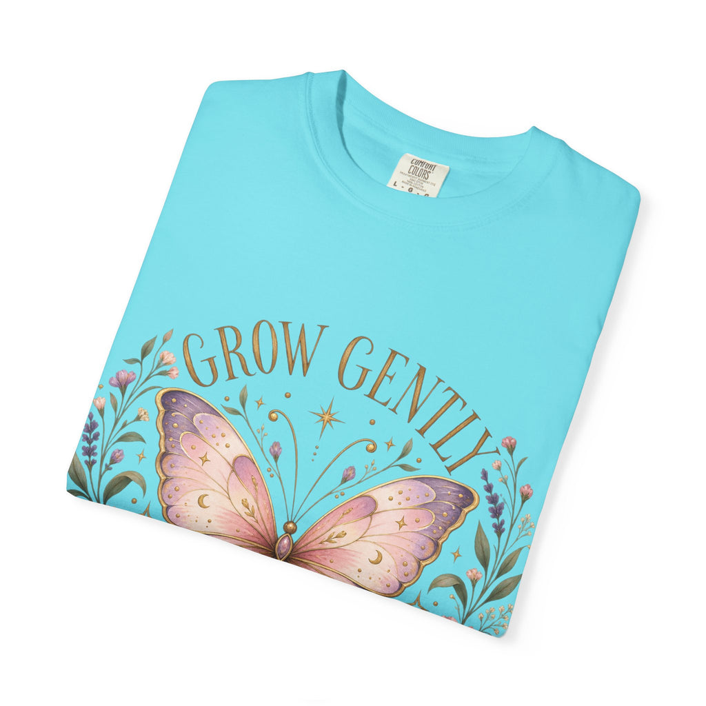 Grow Gently Bloom Brightly Butterfly Floral T-Shirt made-to-order Cotton