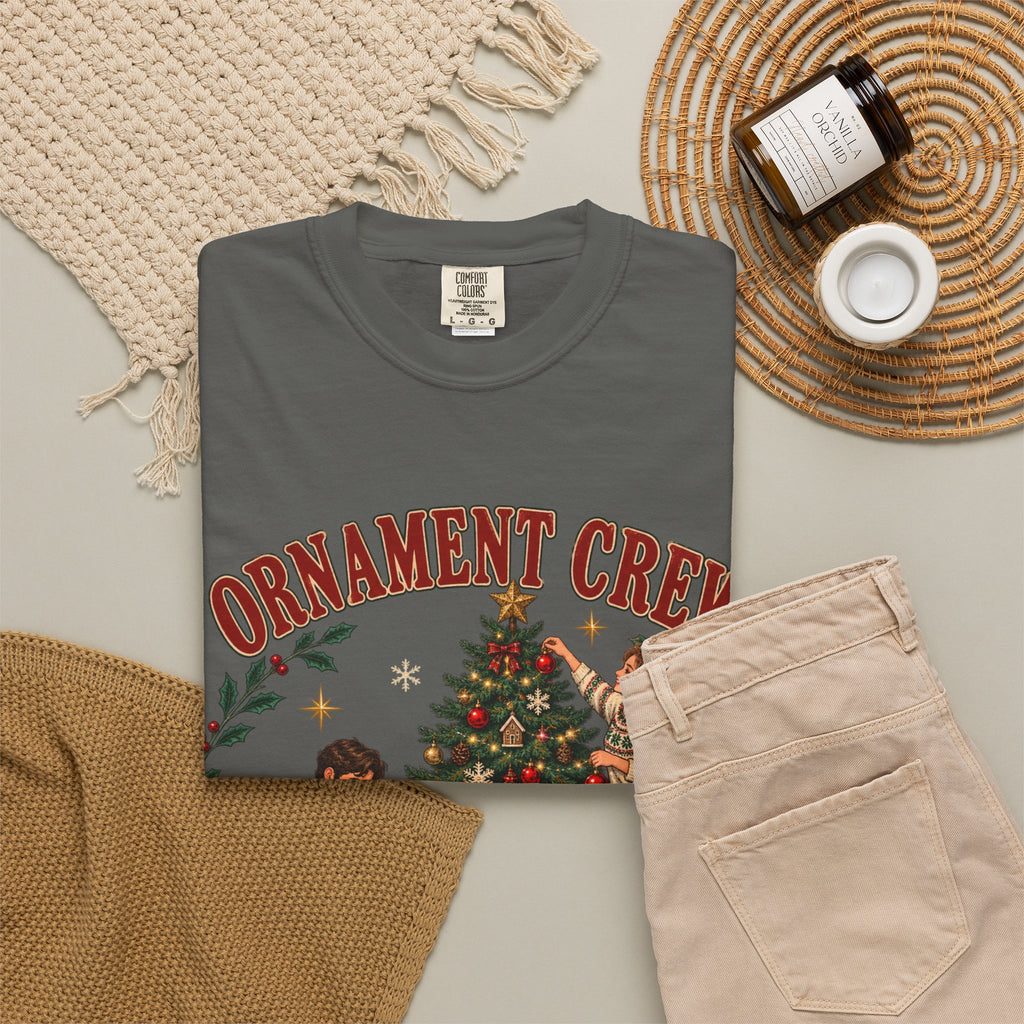 Ornament Crew Christmas Tree scene T-shirt | Cocoa Break Pending, family holiday tee