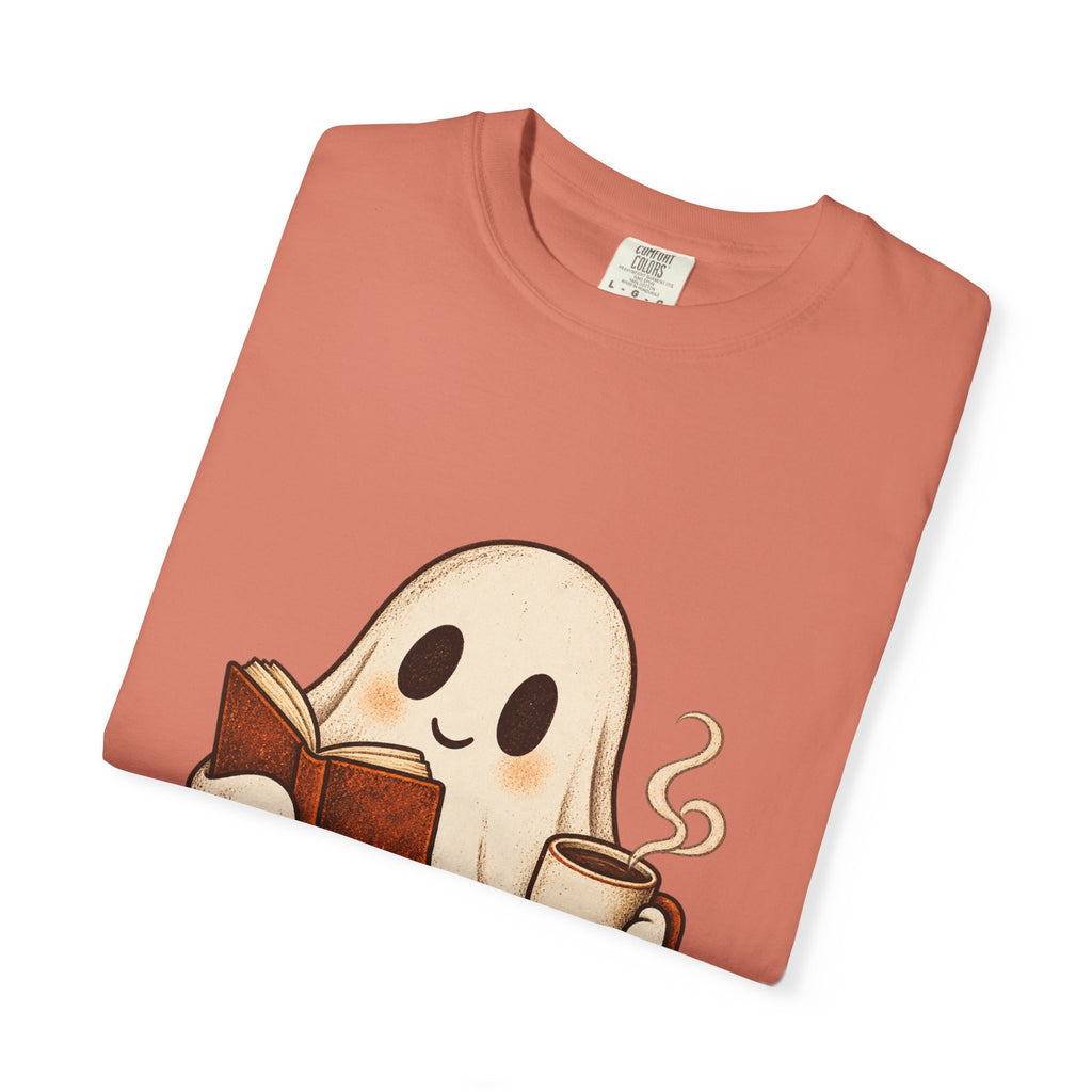 Antrezil Cozy Reading Ghost Illustration T-shirt | Autumn Book Coffee,