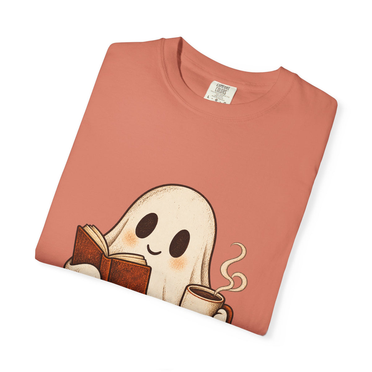 Antrezil Cozy Reading Ghost Illustration T-shirt | Autumn Book Coffee,