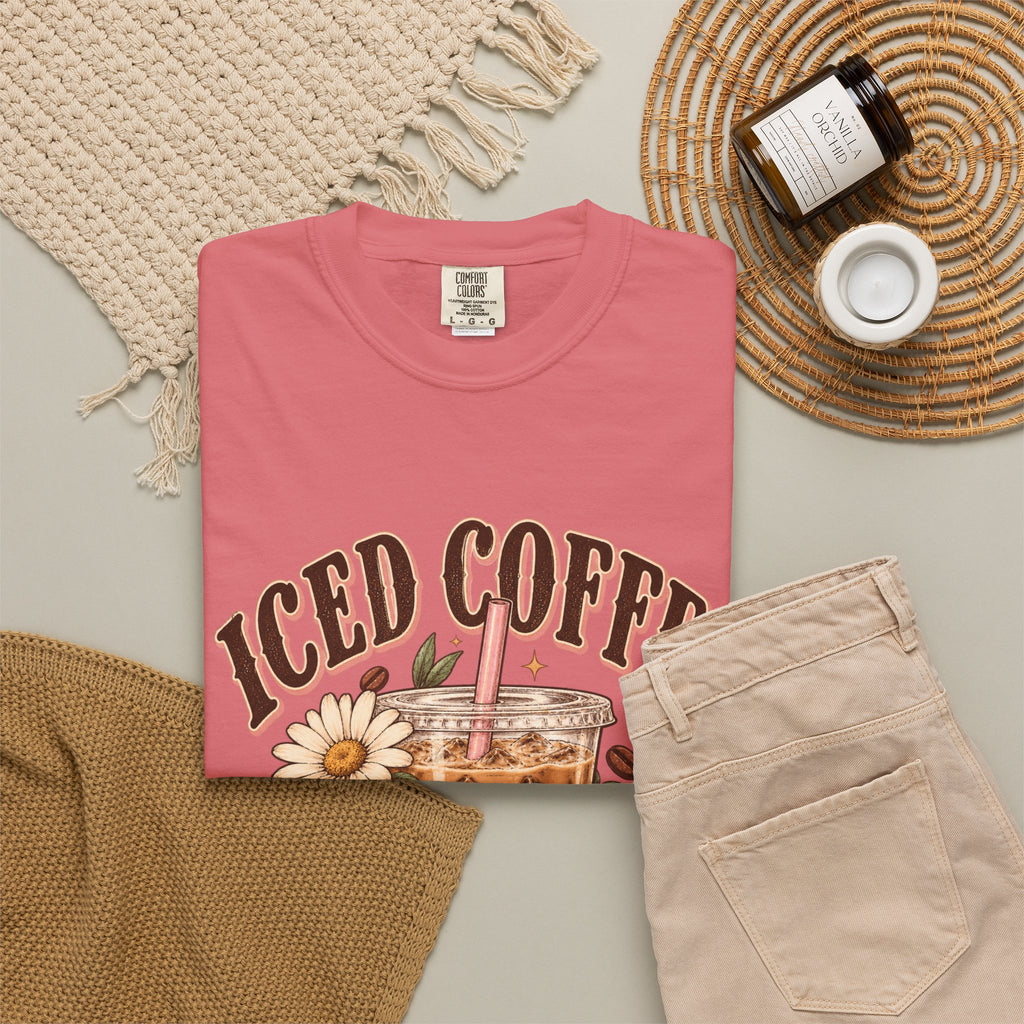 Iced Coffee Glass with Daisies T-shirt | Cute Coffee Illustration