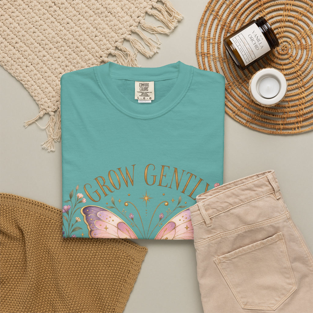 Grow Gently Bloom Brightly Butterfly Floral T-Shirt made-to-order Cotton