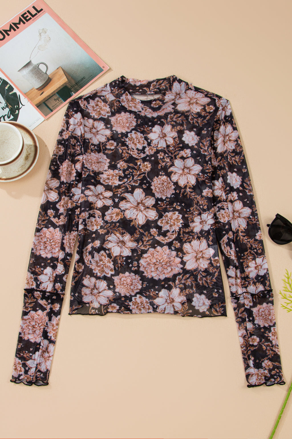 Black Floral Print Mesh Mock Neck Long Sleeve Top