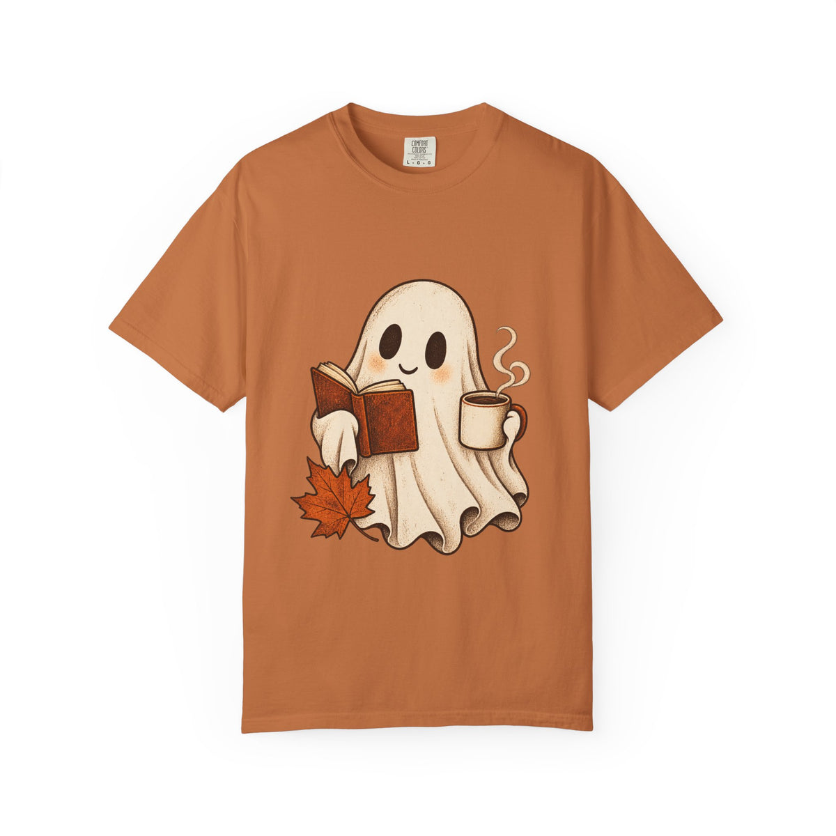 Antrezil Cozy Reading Ghost Illustration T-shirt | Autumn Book Coffee,