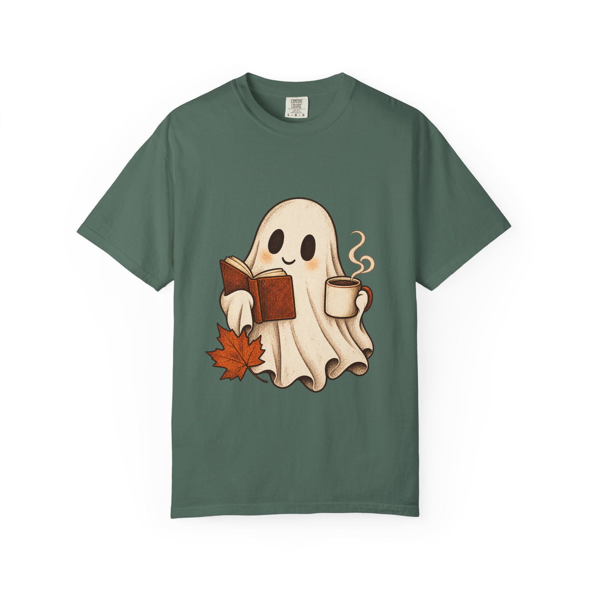 Antrezil Cozy Reading Ghost Illustration T-shirt | Autumn Book Coffee,