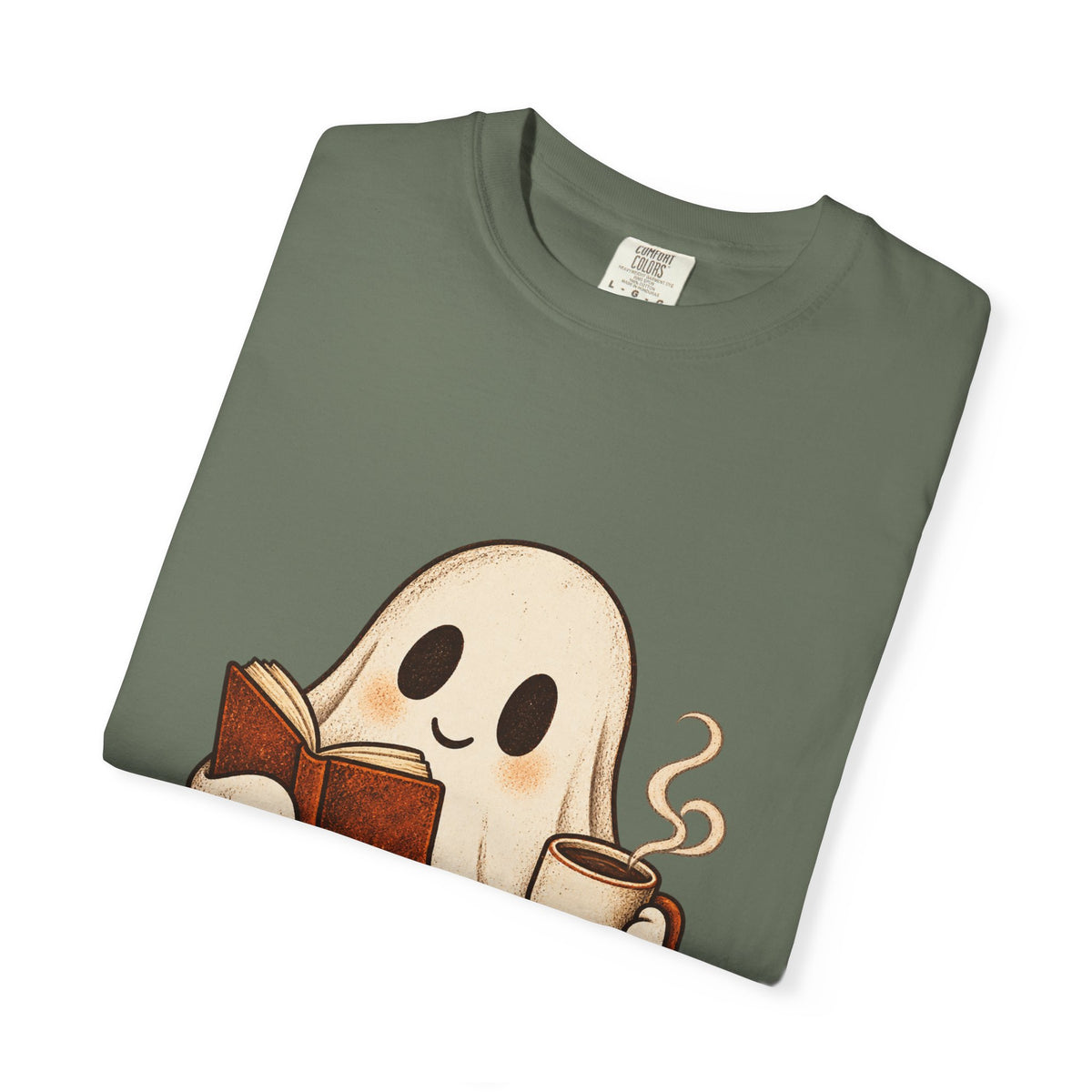 Antrezil Cozy Reading Ghost Illustration T-shirt | Autumn Book Coffee,
