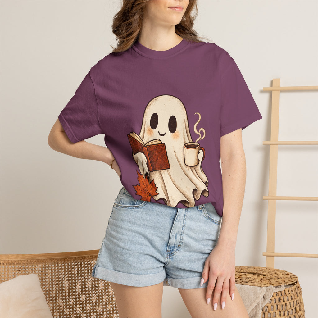 Antrezil Cozy Reading Ghost Illustration T-shirt | Autumn Book Coffee,