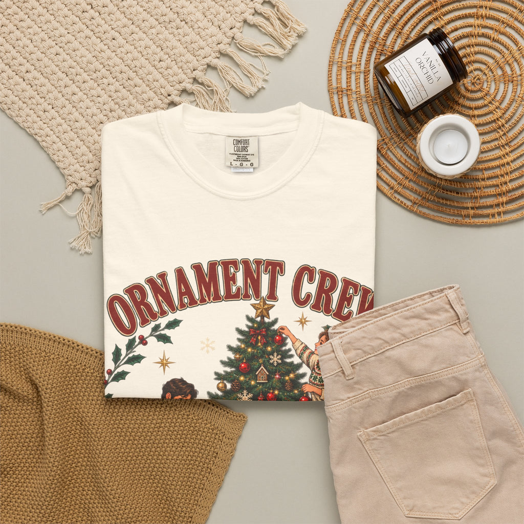 Ornament Crew Christmas Tree scene T-shirt | Cocoa Break Pending, family holiday tee